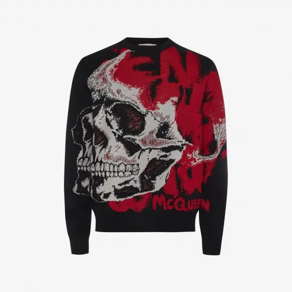 亚历山大麦昆/Alexander McQueen 男士Skull Graffiti套衫黑色/白色/红色 729258Q1XGC1185