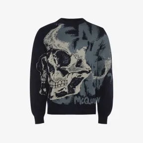 亚历山大麦昆/Alexander McQueen 男士海军蓝骷髅涂鸦毛衣 729258Q1XGC4046 