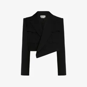 亚历山大麦昆/Alexander McQueen 女式黑色不对称军装短款夹克 732907QJACF1000 
