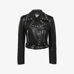 亚历山大麦昆/Alexander McQueen 女式黑色/银色孔眼短款机车夹克 733997Q5AKM1038 