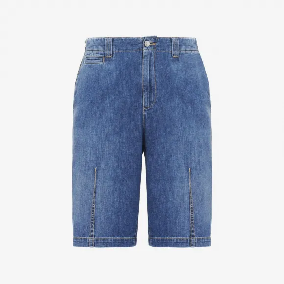 亚历山大麦昆/Alexander McQueen 男士褶裥牛仔短裤水洗蓝色 749608QVY824001