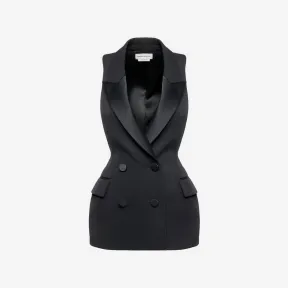 亚历山大麦昆/Alexander McQueen 女式黑色工字背无袖双排扣夹克 757136QJAAC1000 