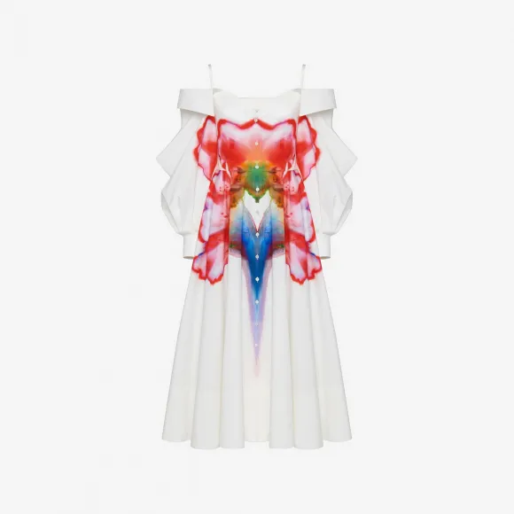 亚历山大麦昆/Alexander McQueen 女士露肩衬衫裙光学白色 757151QZAJH9000