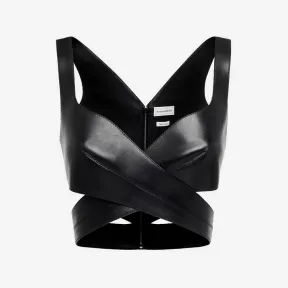 亚历山大麦昆/Alexander McQueen 女式黑色皮革环绕式上衣 757977Q5ALU1000 