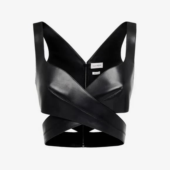 亚历山大麦昆/Alexander McQueen 女式黑色皮革环绕式上衣 757977Q5ALU1000 