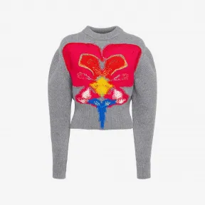 亚历山大麦昆/Alexander McQueen 女士Orchid嵌花茧形袖套衫灰色/红色/黄色 758520Q1A6H1164