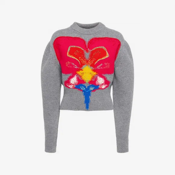 亚历山大麦昆/Alexander McQueen 女士Orchid嵌花茧形袖套衫灰色/红色/黄色 758520Q1A6H1164