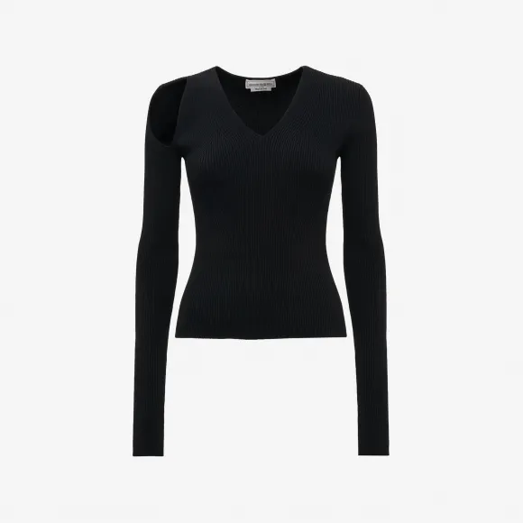 亚历山大麦昆/Alexander McQueen 女士斜裁罗纹针织套衫黑色 768602Q1A651000