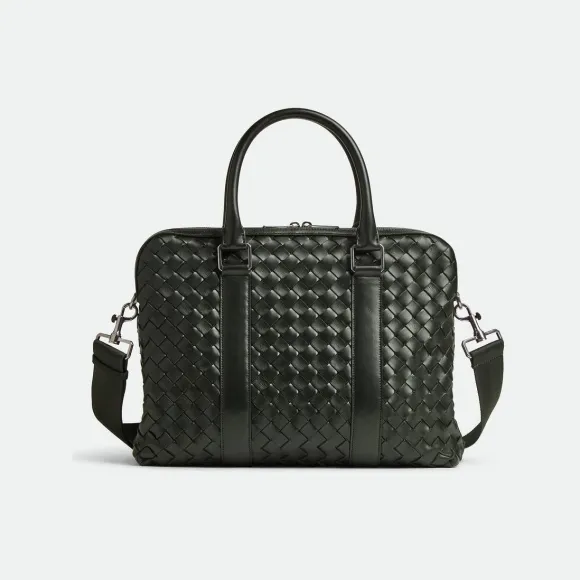 葆蝶家/Bottega Veneta 深绿色 牛皮革/织物 男士 纤薄经典intrecciato编织皮革公文包 690702V2E423009