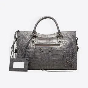 巴黎世家/Balenciaga Classic金色鳄鱼纹都市包 - 希望灰 | 女士Giant Croc印花手袋 115748-DLI2T-1370