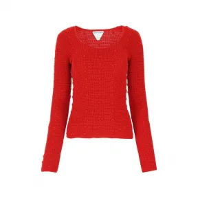 葆蝶家/Bottega Veneta 红色 汤匙领棉质网眼绒球钩针针织 647743V0DW06144