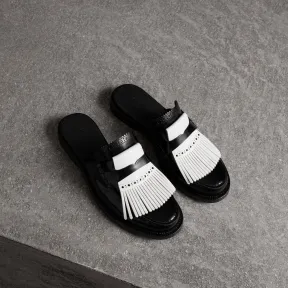 博百利/Burberry 女士 撞色流苏皮革穆勒鞋 (黑色) 40718701