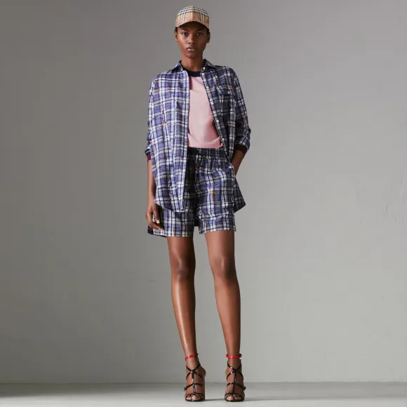 博百利/Burberry  涂鸦格纹丝质抽绳短裤 (海军蓝 / 白色)  40728491