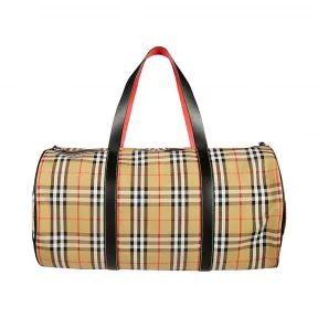 博百利/Burberry 男士 大号 Vintage 格纹拼皮革圆筒旅行袋 (军红色) - 男士  40742791