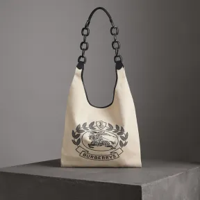 博百利/Burberry 女士 中号典藏徽标帆布皮革购物袋 (黑色) 40755661