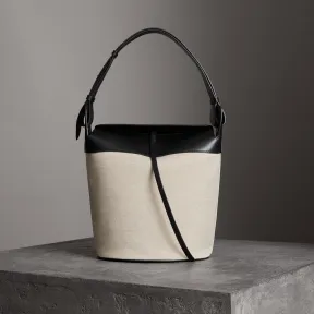 博百利/Burberry 女士 The Bucket - 大号棉麻混纺拼皮革水桶包 (黑色) 40759021