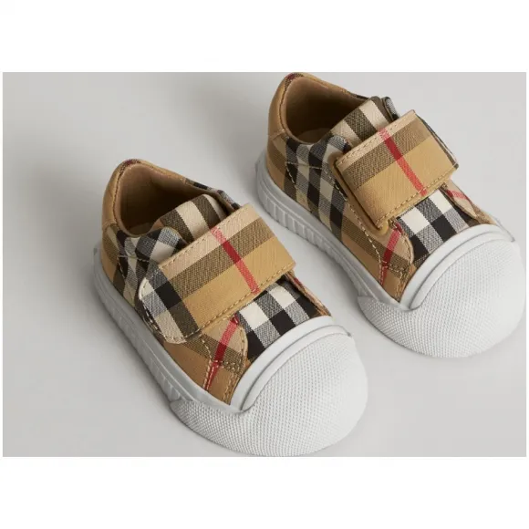博百利/Burberry 儿童用品 Vintage 格纹拼皮革运动鞋 (古典黄色 / 光白色) - 童装  40763241