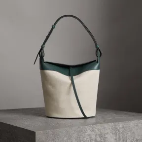 博百利/Burberry 女士 The Bucket - 大号棉麻混纺拼皮革水桶包 (深青色) 40764431