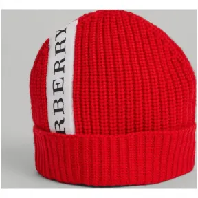 博百利/Burberry  徽标条纹羊毛翻边针织帽 (红色)  40765441