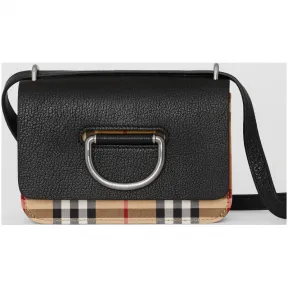 博百利/Burberry 女士 迷你 Vintage 格纹拼皮革 D 型环包 (黑色) 40767431