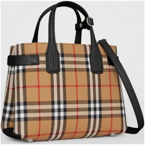 博百利/Burberry 女士 The Banner - 小号 Vintage 格纹拼皮革班纳手袋 (黑色) 40769481