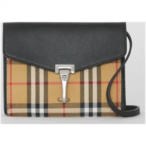 博百利/Burberry 女士 Vintage 格纹拼皮革迷你斜背包 (黑色) 40799651