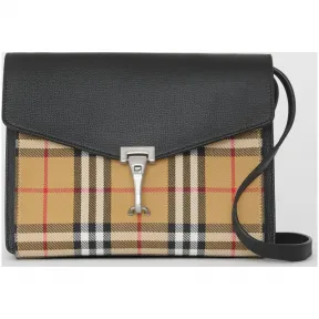 博百利/Burberry 女士 小号 Vintage 格纹拼皮革斜背包 (黑色) 40800751