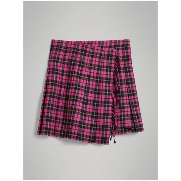 博百利/Burberry  流苏装饰苏格兰格纹羊毛短裙 (霓虹粉)  80017071