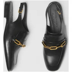 博百利/Burberry 女士 链环装饰皮革露跟休闲便鞋 (黑色) 80048611