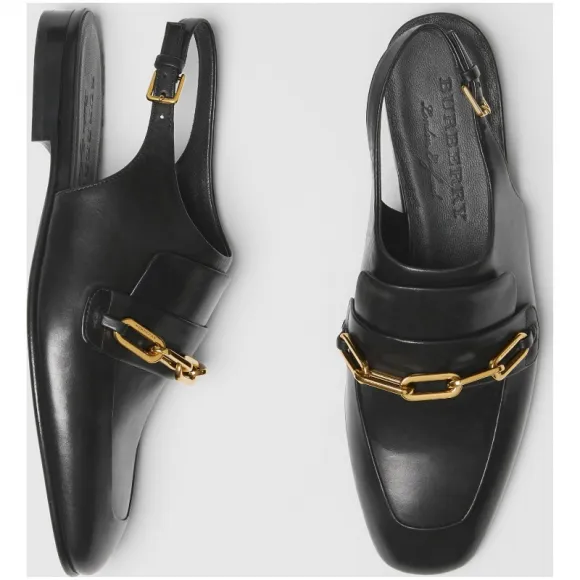 博百利/Burberry 女士 链环装饰皮革露跟休闲便鞋 (黑色) 80048611