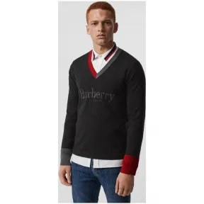 博百利/Burberry 男士 V 领绣标美利奴羊毛衫 (炭灰色) - 男士  80050331