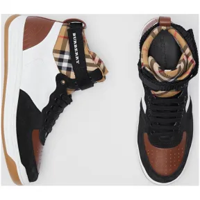 博百利/Burberry 男士 皮革拼麂皮高帮运动鞋 (光白色 / 驼色) - 男士  80054661