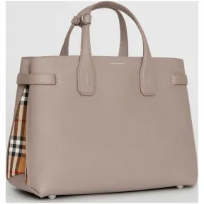 博百利/Burberry 女士 The Banner - 中号 Vintage 格纹拼皮革班纳手袋 (棕灰色) 80063271