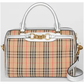 博百利/Burberry 女士 The Link - 小号 1983 格纹链环保龄球包 (银色) 80064431