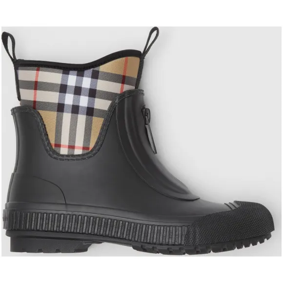 博百利/Burberry 女士 Vintage 格纹橡胶雨靴 (黑色) 80070331