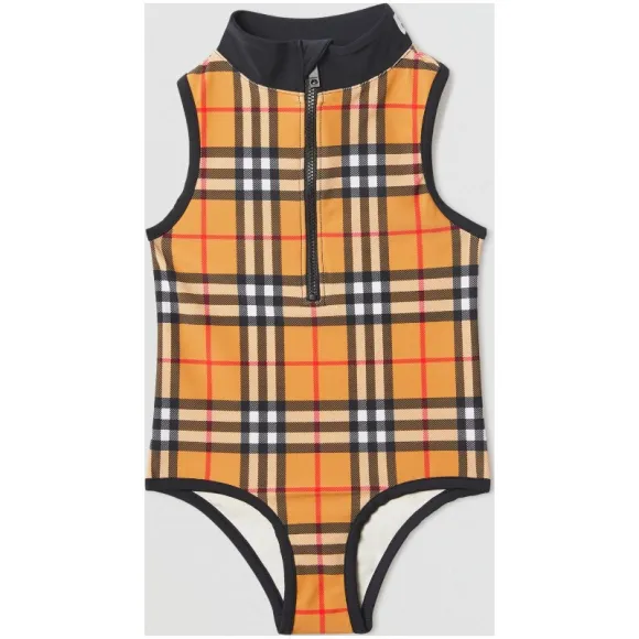 博百利/Burberry 儿童用品 Vintage 格纹徽标装饰连体泳衣 (古典黄色)  80087761