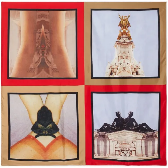 博百利/Burberry 男士 蒙太奇印花大号丝质方巾 (米红色)  80124601