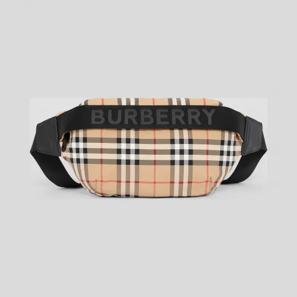 博百利/Burberry 中号 Vintage 格纹拼标志性条纹腰包 (典藏米色)  80147151