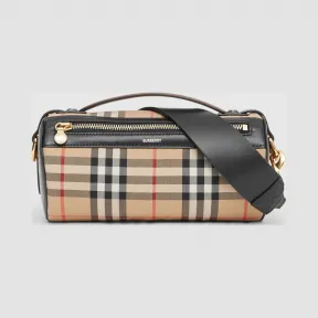 博百利/Burberry Vintage 格纹拼皮革圆筒旅行袋  P80150751