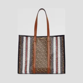 博百利/Burberry 男士 专属标识条纹环保帆布托特包 (马鞍棕)  80183611