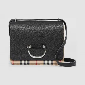 博百利/Burberry 女士 小号皮革拼 Vintage 格纹 D型环包 (黑色) 80185401