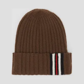 博百利/Burberry 女士 条纹装饰罗纹针织羊毛帽 (棕色)  80186161