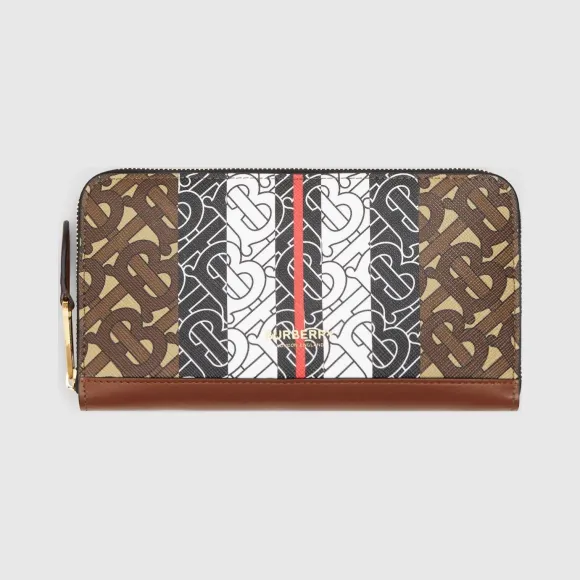 博百利/Burberry 专属标识条纹环保帆布拼皮革全拉链钱夹  P80193081