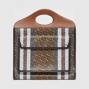 博百利/Burberry 女士 中号专属标识条纹环保帆布口袋包 (马鞍棕) 80193641