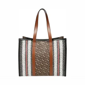 博百利/Burberry 女士 小号专属标识条纹环保帆布托特包 (马勒棕) 80193831