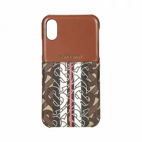 博百利/Burberry 女士 皮革拼专属标识条纹环保帆布 iPhone X/XS 保护套 (马鞍棕)  80207241