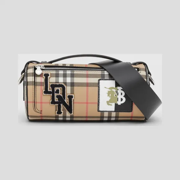 博百利/Burberry 女士 Vintage 格纹环保帆布拼皮革圆筒旅行袋 (典藏米色) 80207441