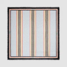 博百利/Burberry 女士 标志性条纹专属标识印花羊毛丝质大号方巾 (浅蓝色)  80219361