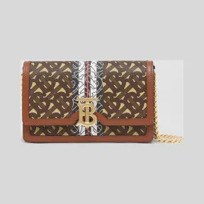 博百利/Burberry 小号专属标识条纹环保帆布肩背包 (马勒棕) - 女士  80223561