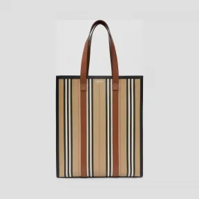 博百利/Burberry 徽标拼条纹环保帆布竖版托特包 (棕褐色 / 典藏米色) - 女士  80223761
